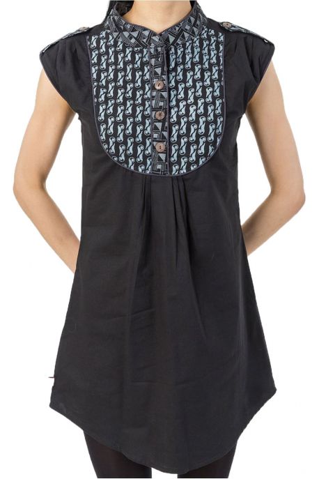 Tunique liquette femme ethnique chic col mao noir gris