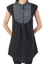 Tunique liquette femme ethnique chic col mao noir gris
