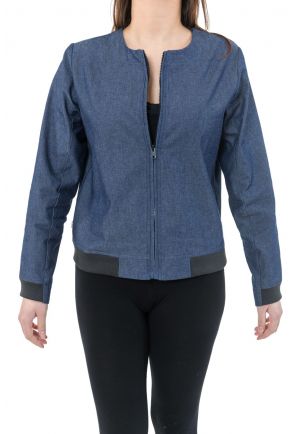 Veste style blouson teddy urban chic blue denim et jersey noir