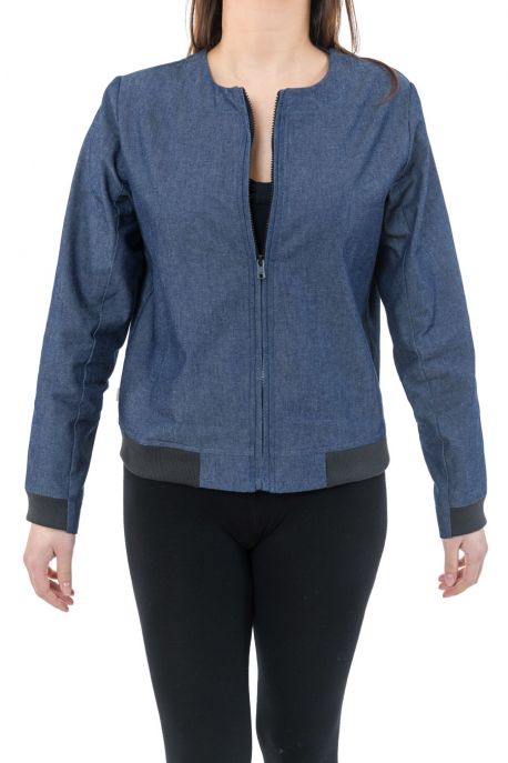 Veste style blouson teddy urban chic blue denim et jersey noir