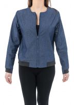 Veste style blouson teddy urban chic blue denim et jersey noir
