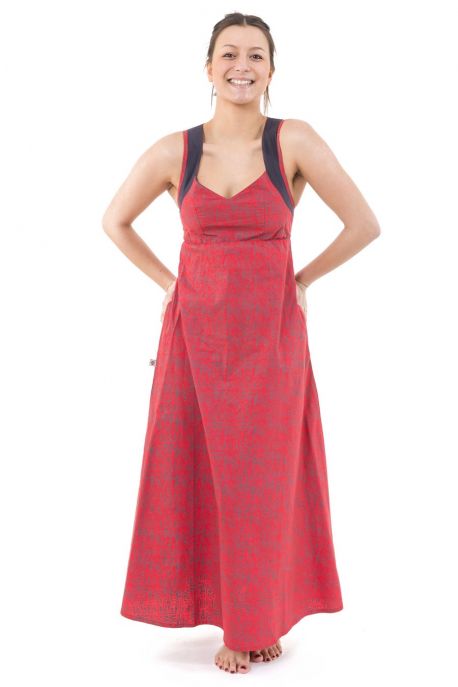 Robe ethnique longue rouge gris bretelles dos originales Sytalee