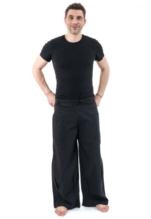 Pantalon mixte large droit basique coton leger noir uni Pyanta