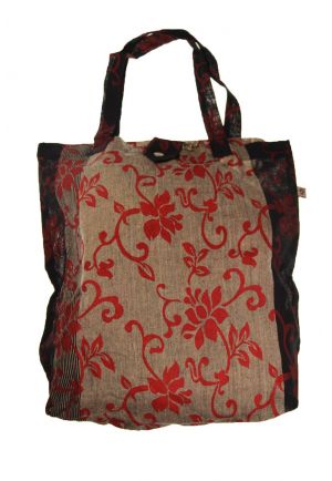 Sac tote bag coton imprimé Royal noir et gris imprime fleuri rouge