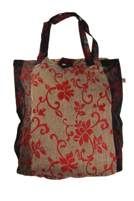 Sac tote bag coton imprimé Royal noir et gris imprime fleuri rouge