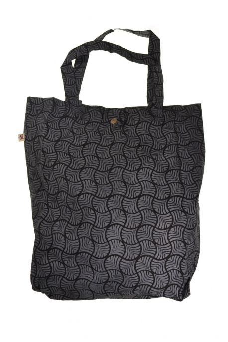 Sac tote bag coton imprimé ethnic gingko dream gris noir