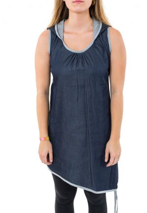 Tunique robe courte jean denim sans manche capuche de lutin Gina