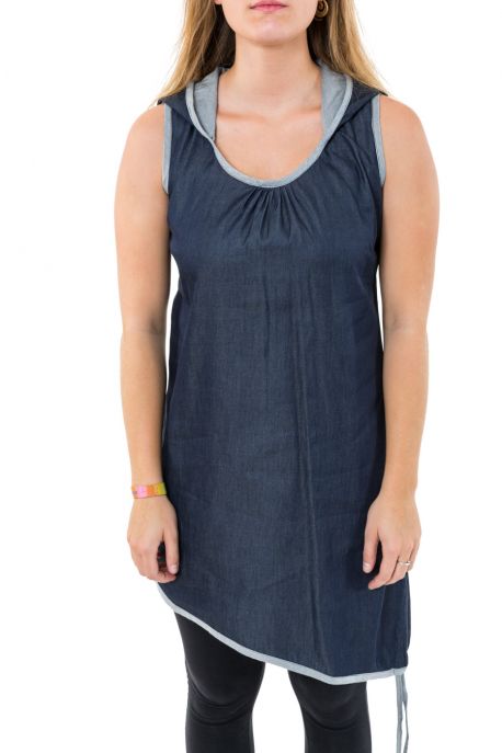 Tunique robe courte jean denim sans manche capuche de lutin Gina