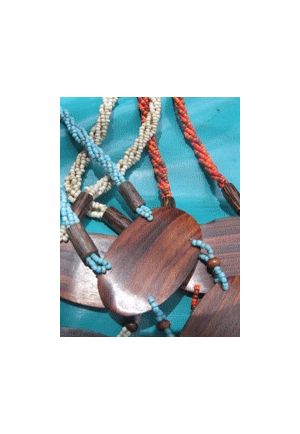 CO209 collier perle de verre torsade et 3 ovales bois