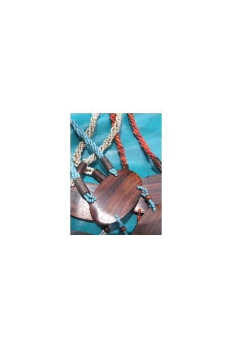 CO209 collier perle de verre torsade et 3 ovales bois