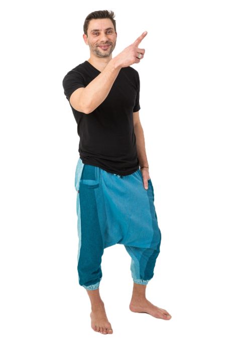 Sarouel pantacourt babacool homme pur coton leger bleu zen