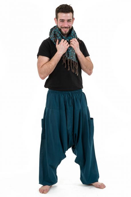 Pantalon sarwal zen Nepal homme femme coton leger bleu petrole