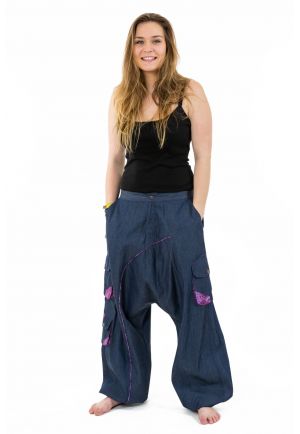 Sarouel baggy femme urban ethnic blue jean denim et violet Sikha