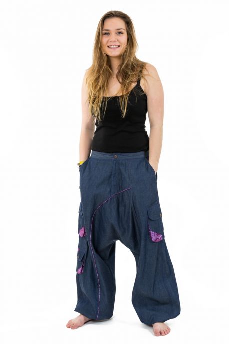 Sarouel baggy femme urban ethnic blue jean denim et violet Sikha