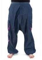 Sarouel baggy femme urban ethnic blue jean denim et violet Sikha
