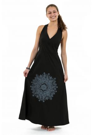 Robe longue dos nu mandala print noir gris Jeanne