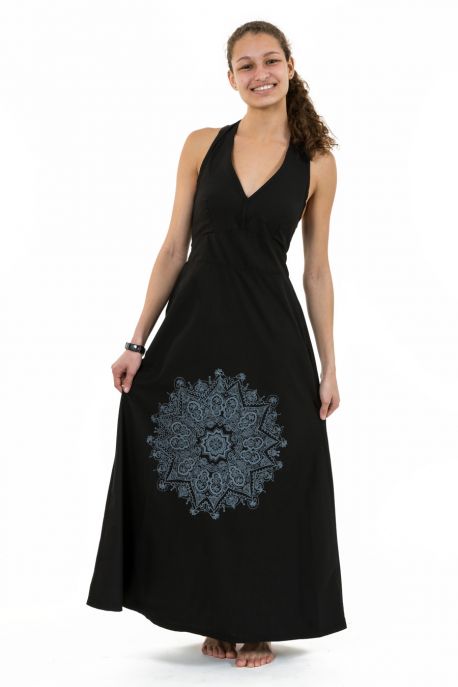 Robe longue dos nu mandala print noir gris Jeanne