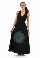 Robe longue dos nu mandala print noir gris Jeanne