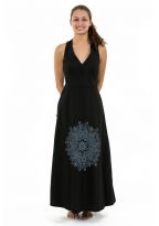 Robe longue dos nu mandala print noir gris Jeanne