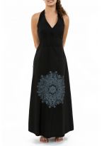Robe longue dos nu mandala print noir gris Jeanne