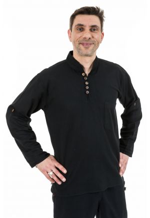 Chemise ethnique col mao manches transformables noir uni Ragyapa