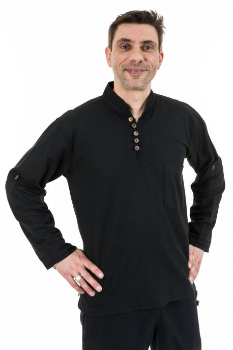 Chemise ethnique col mao manches transformables noir uni Ragyapa