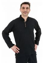 Chemise ethnique col mao manches transformables noir uni Ragyapa