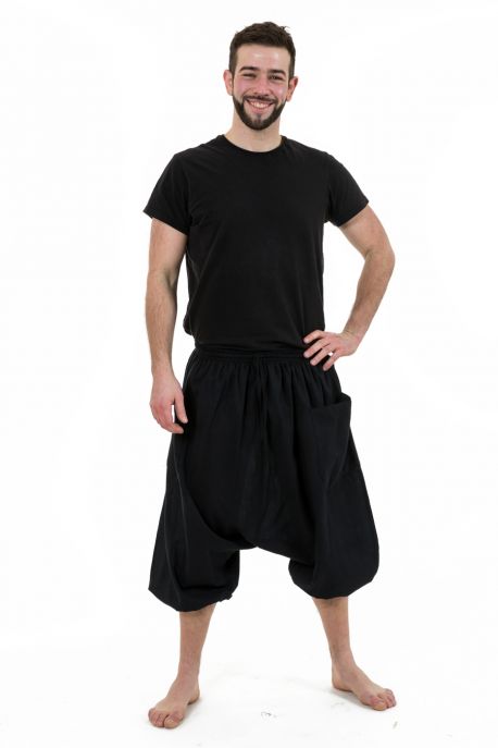 Saroual pantacourt bermuda homme coton leger noir uni Adhara