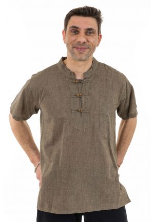 Chemise ethnique manches courtes col mao dark chanvre face