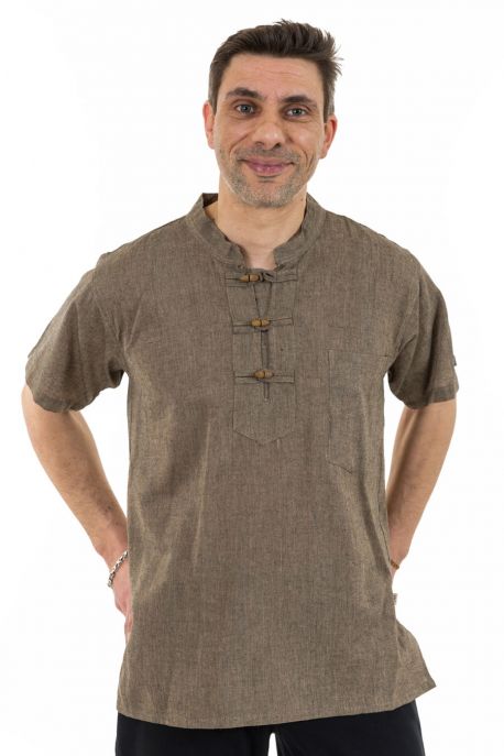 Chemise ethnique manches courtes col mao dark chanvre face