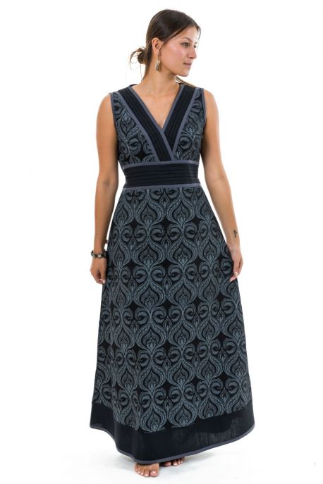 Robe longue print ethnic chic noir gris Anissa full size