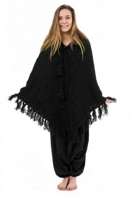 Poncho pure laine douce du Nepal noir