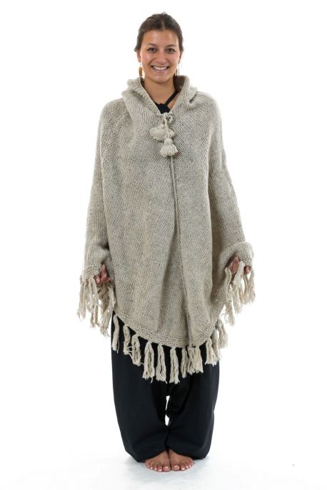 Poncho pure laine douce du Nepal gris chine clair