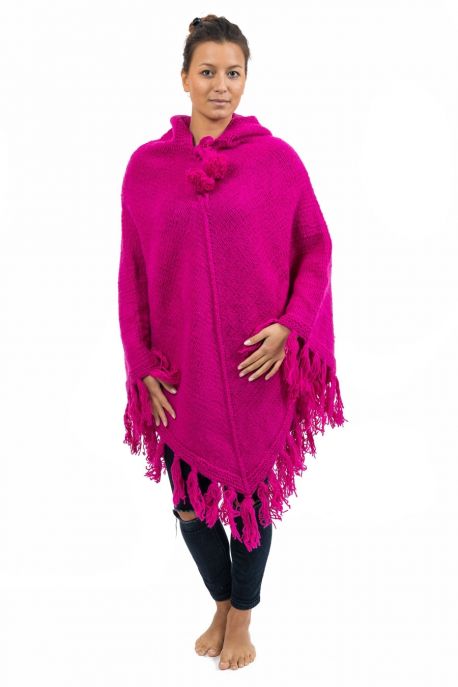 Poncho pure laine douce du Nepal rose indien