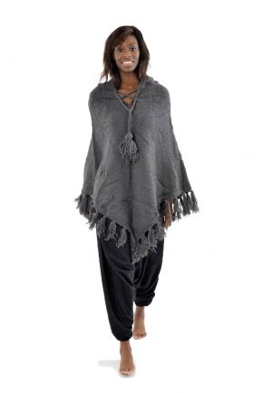 Poncho pure laine douce du Nepal gris fonce
