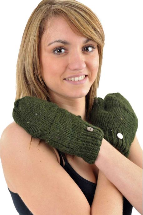 Gants mitaines moufles vert kaki pure laine et polaire douce