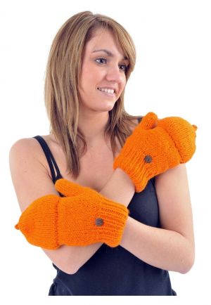 Gants mitaines moufles orange pure laine et polaire douce