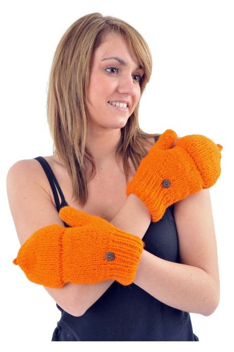 Gants mitaines moufles orange pure laine et polaire douce