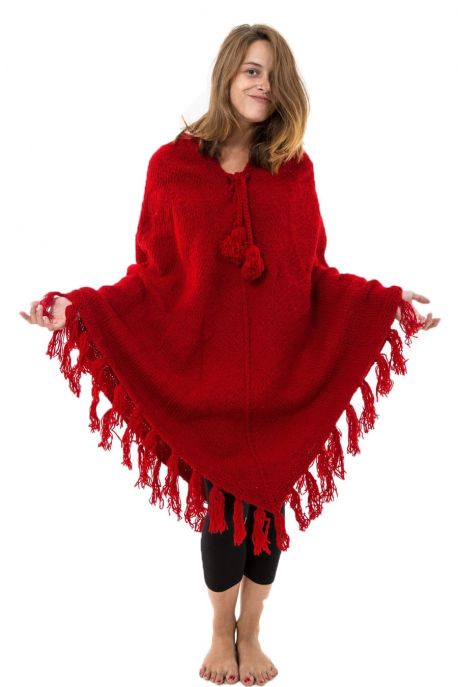 Pancho rouge pure laine douce du Nepal