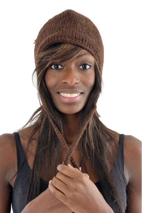 Bonnet marron brun pure laine et polaire douce du Nepal