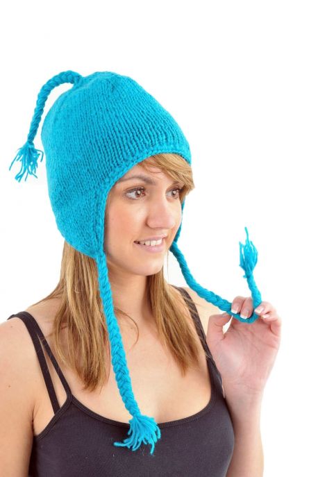 Bonnet bleu turquoise pure laine et polaire douce du Nepal