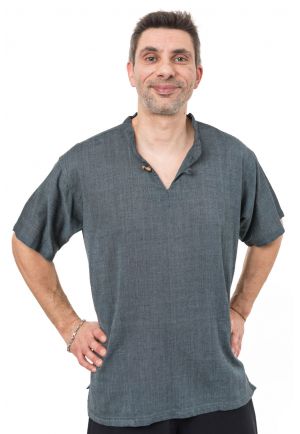 Chemisette ethnique zen col mao et poches bleu gris