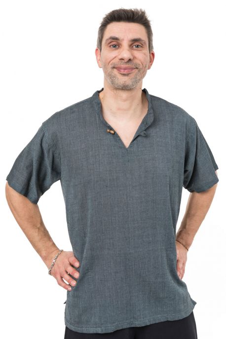 Chemisette ethnique zen col mao et poches bleu gris