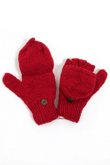 Moufles mitaines rouge uni pure laine et polaire douce